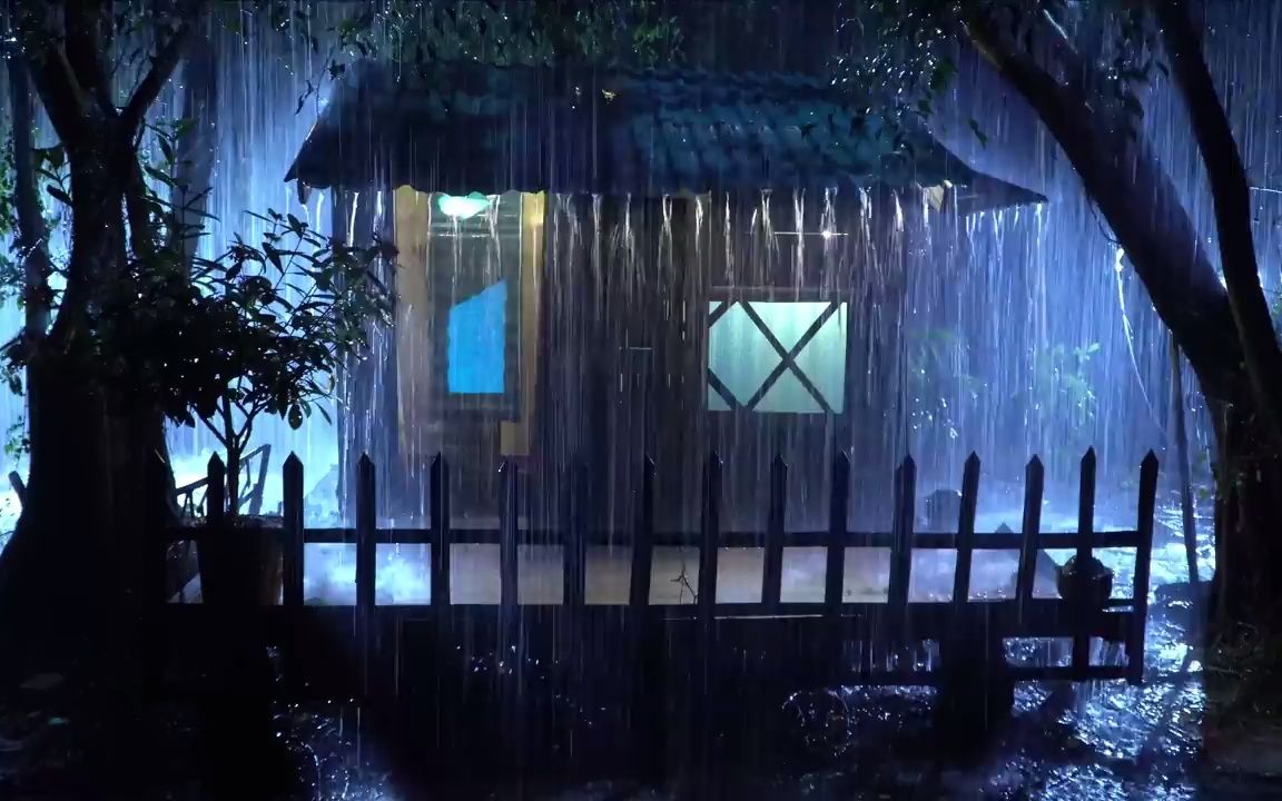 [图]沉睡中的大雷雨|夜间森林房屋上的暴雨和巨大雷声