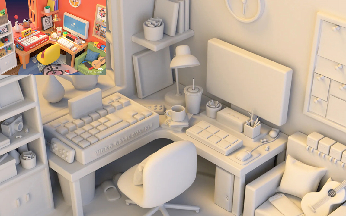 【3dmax建模】温馨电脑房室内场景搭建,上色,灯光渲染全流程案例教学