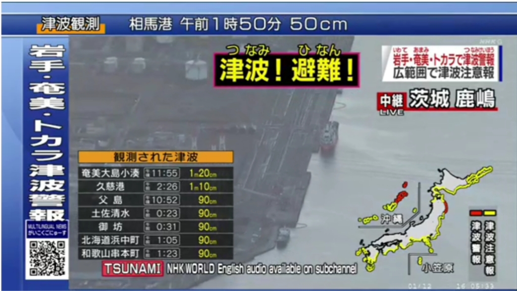 [图]【广播电视】NHK气象情报(部分)+海啸实时画面+《早安日本》开场及新闻一则(2022.01.16 7:00JPT)