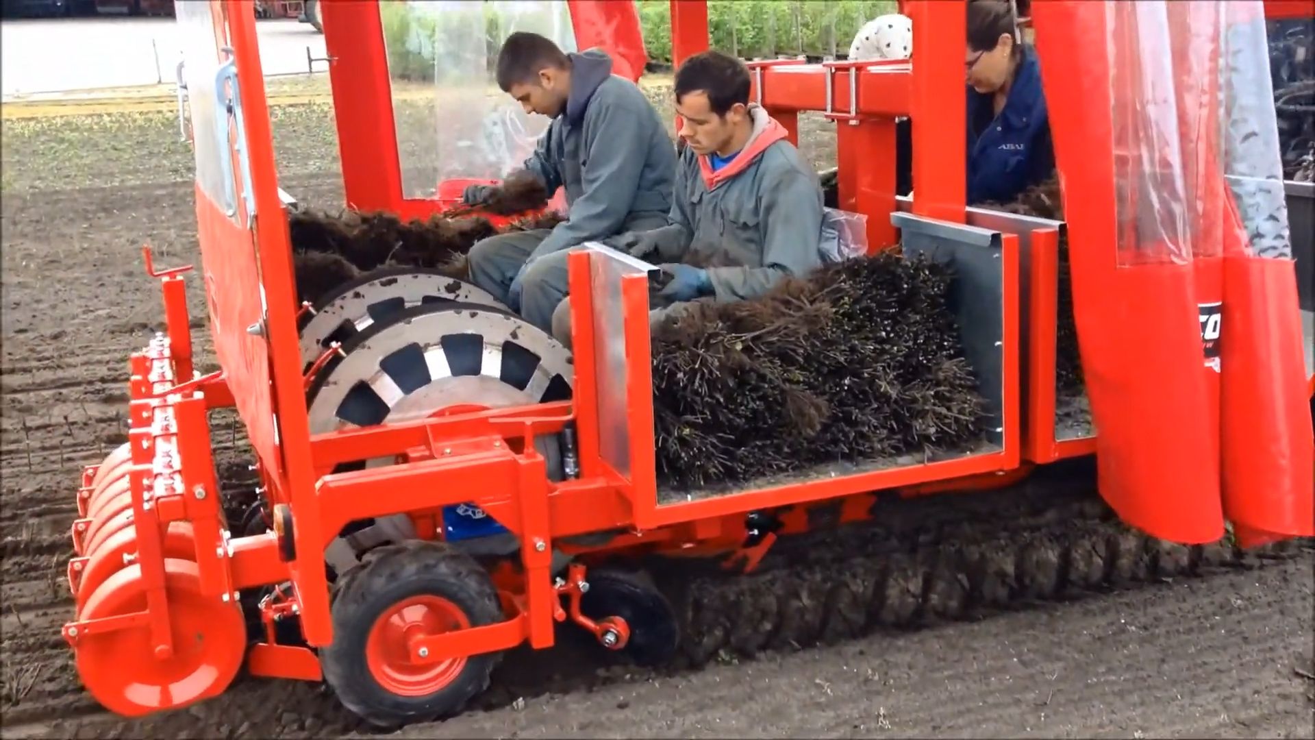 老外发明半自动插秧机,四个大汉排排坐,开沟插秧一体化.