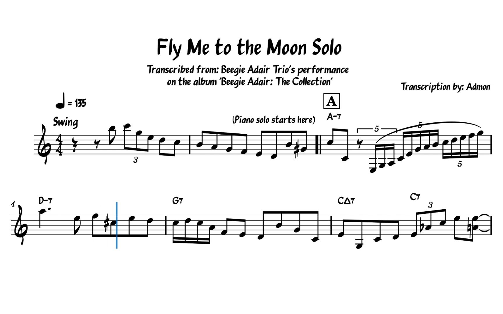爵士钢琴《fly me to the moon》beegie adair trio 版 solo 扒谱