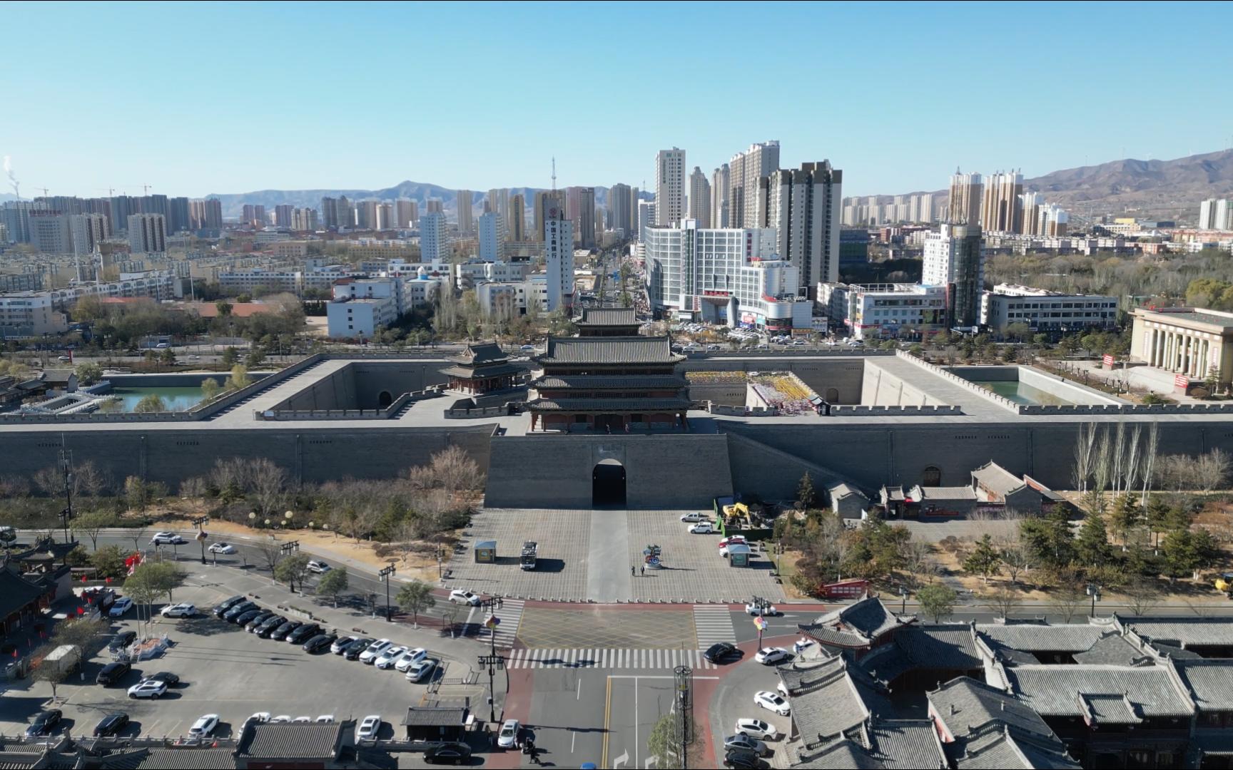 航拍大同城市与古建筑