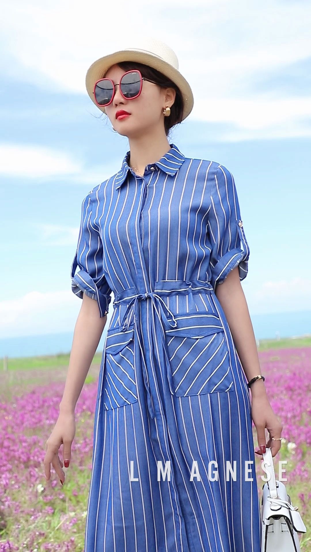 简爱格妮斯轻奢服饰2020夏日系列蓝白条纹连衣裙