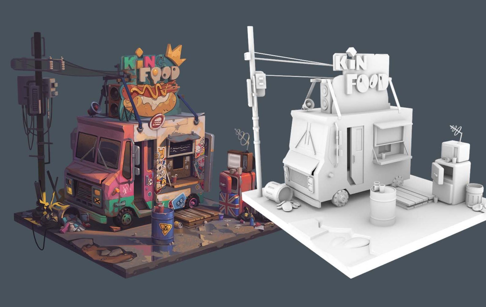 【maya场景建模】赛博朋克餐车模型制作,新手也能学的基础场景案例!