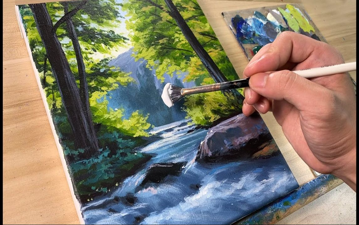 【丙烯画】【绘画教程】【中字】林中小溪Acrylic Painting Woodland Stream Landscape Acrylic Painting哔哩哔哩bilibili