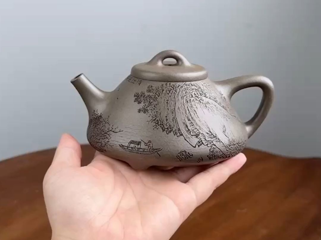 刻绘山水子冶石瓢,雅器!