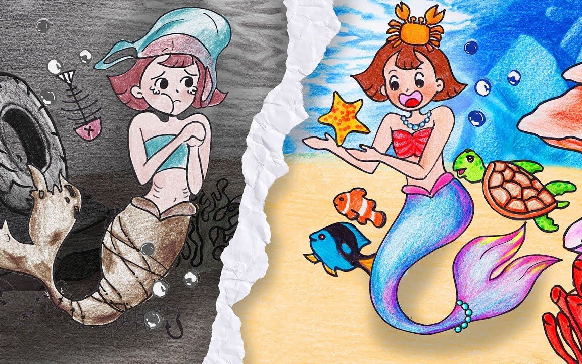 趣味定格动画:海洋环境卫生被污染,美人鱼被困,帮助她清理干净