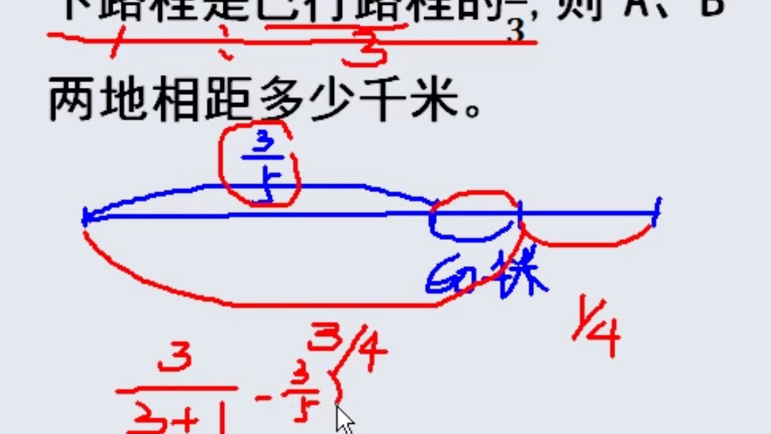 一辆汽车从A地开往B地.当它行了全程的3/5多60千米时,剩下路程是已行路程的1/3,则A、B两地相距多少千米哔哩哔哩bilibili