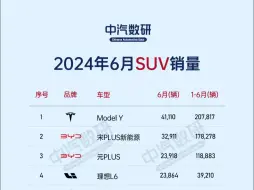 Descargar video: 2024年6月及1-6月SUV销量排行榜