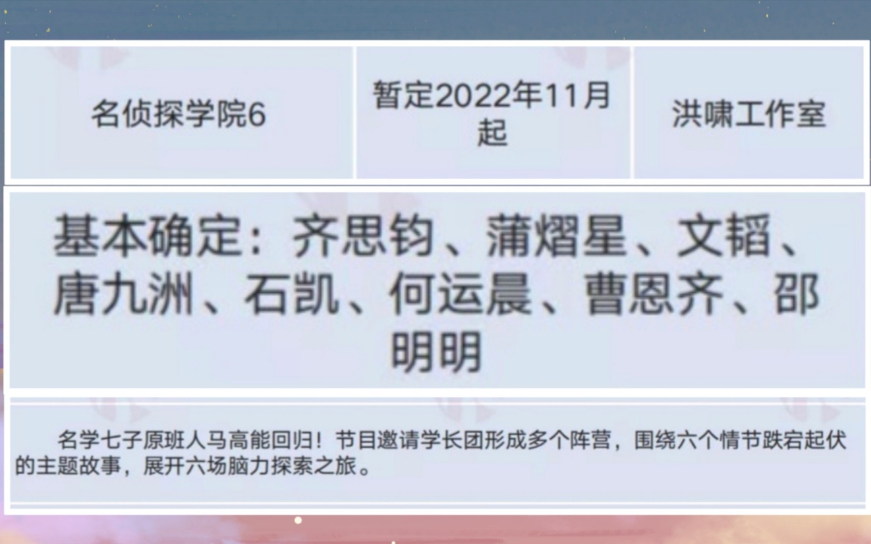 【名侦探学院第六季】已经开始招商啦!暂定11月播出,齐岱齐岱!哔哩哔哩bilibili