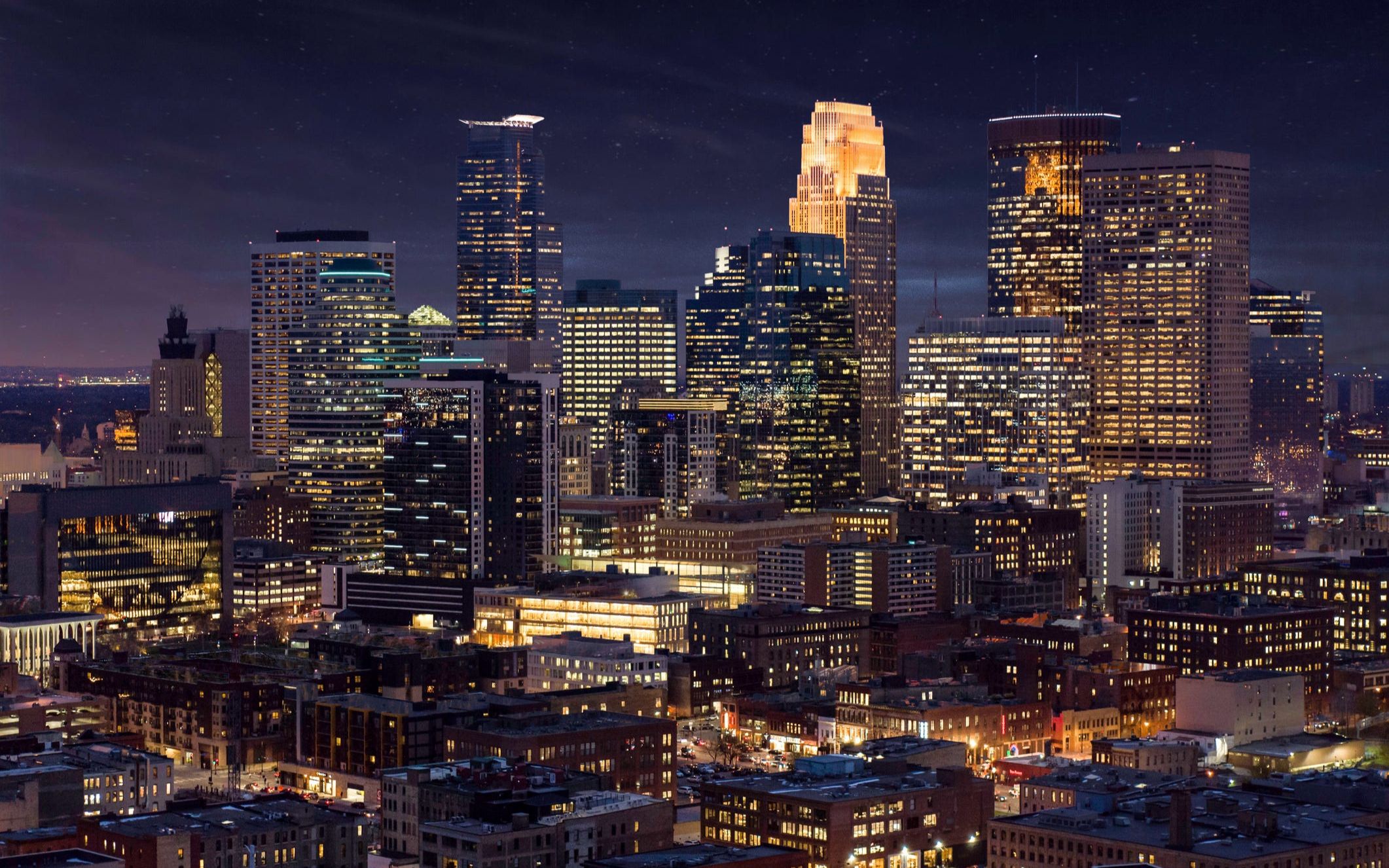 明尼阿波利斯城市夜景灯光航拍