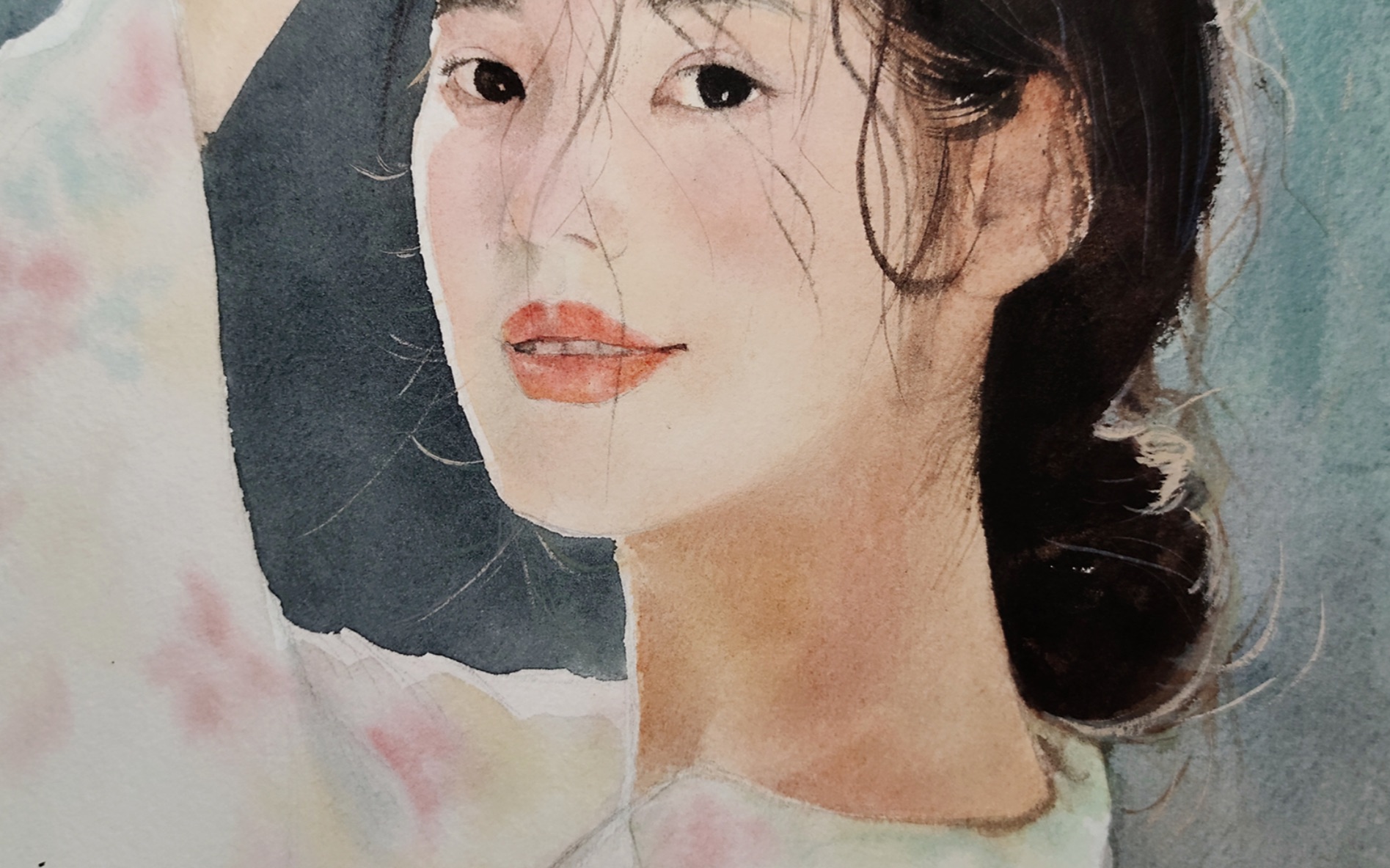 水彩 手绘 逆光下的美女