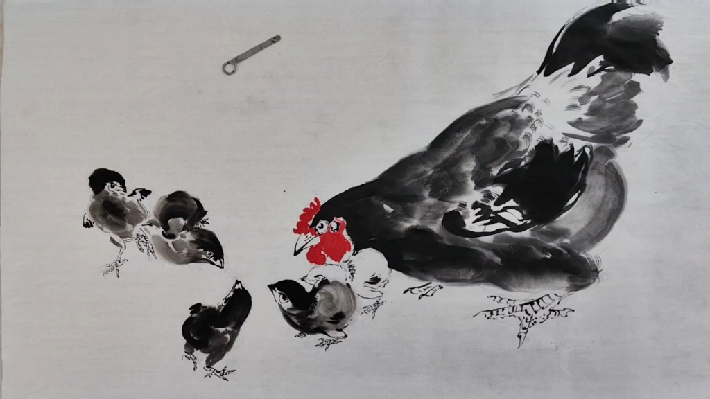 《育雏图》黑母鸡与小鸡仔组合国画墨稿动态各异活泼可爱