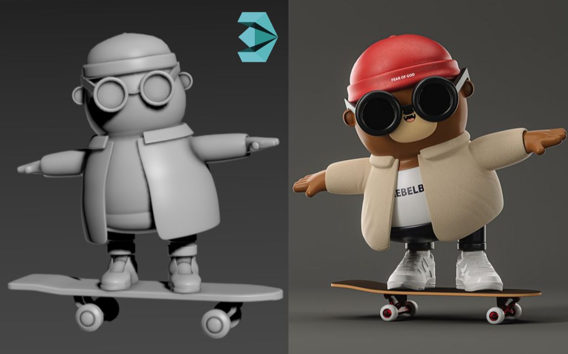 3dmax建模简单滑板小熊制作模型布线材质超详细讲解