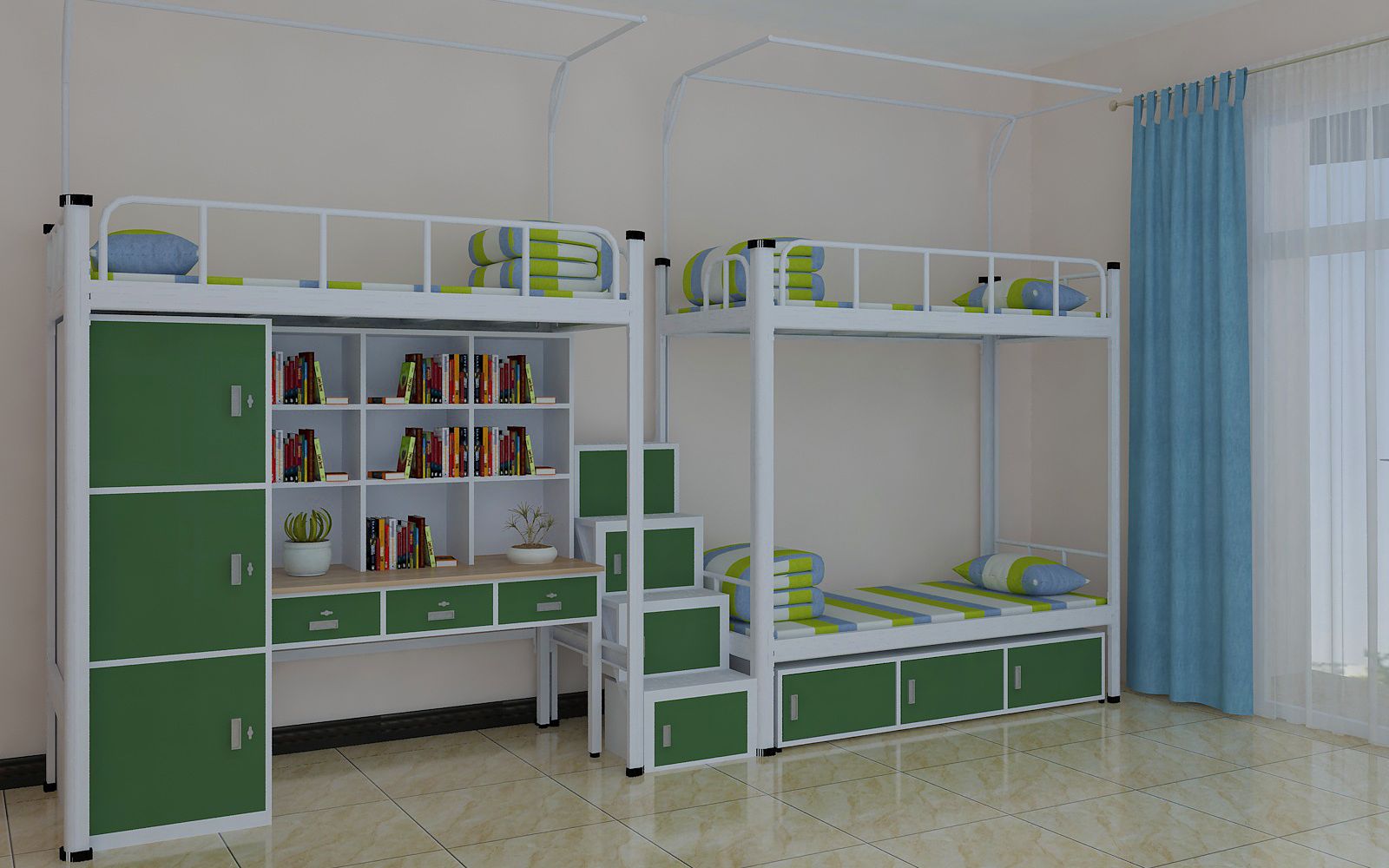 连盈学生宿舍公寓床,两连体公寓床,集体宿舍公寓床厂家设计柜子组合