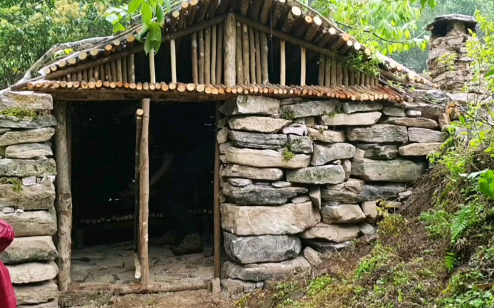92在石头避难所木屋营地露营一天一夜,采摘浆果,在庇护所内烹饪野餐