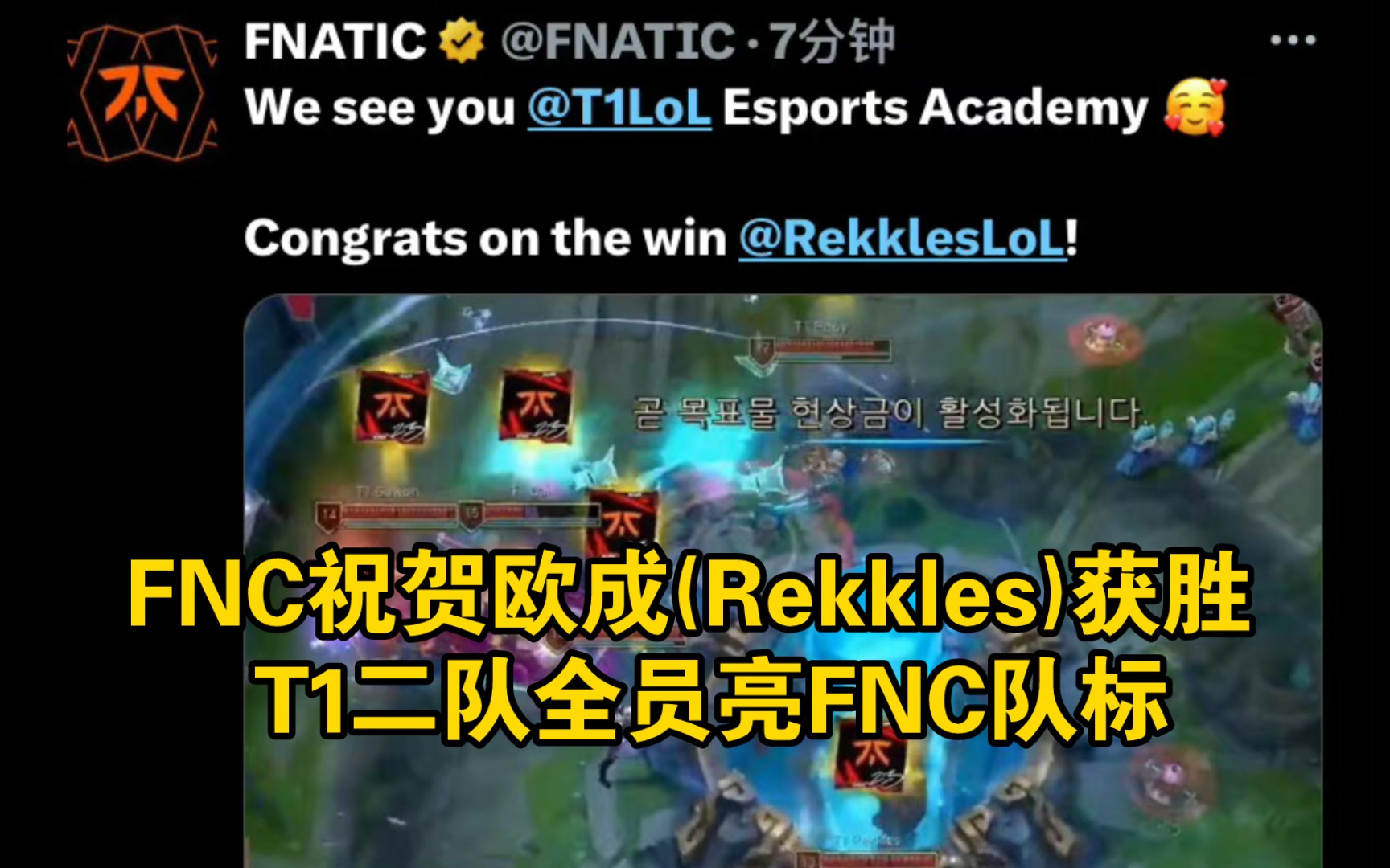 FNC祝贺欧成(Rekkles)获胜 T1二队全员亮FNC队标哔哩哔哩bilibili