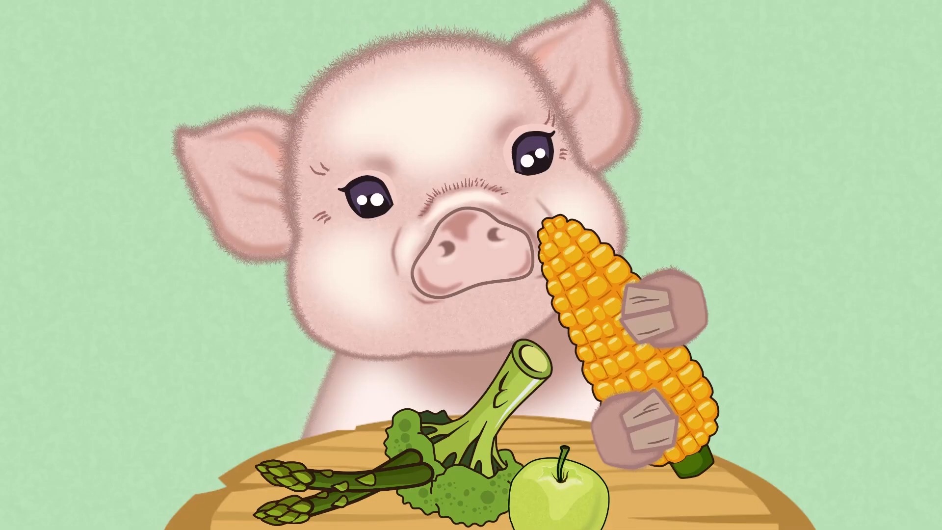 小猪吃新鲜蔬菜的 mukbang 动画