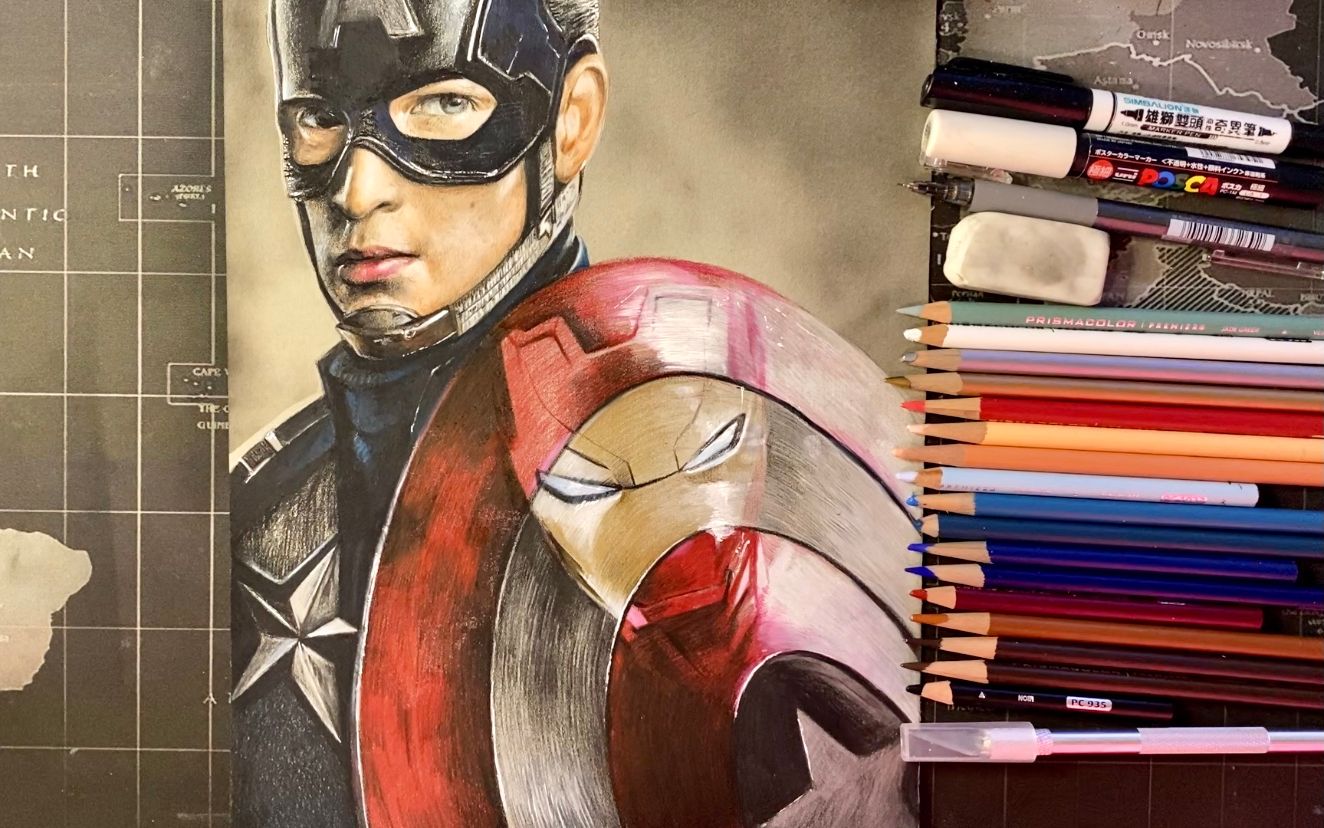 彩铅手绘高成本制作双倍快乐画一个美队