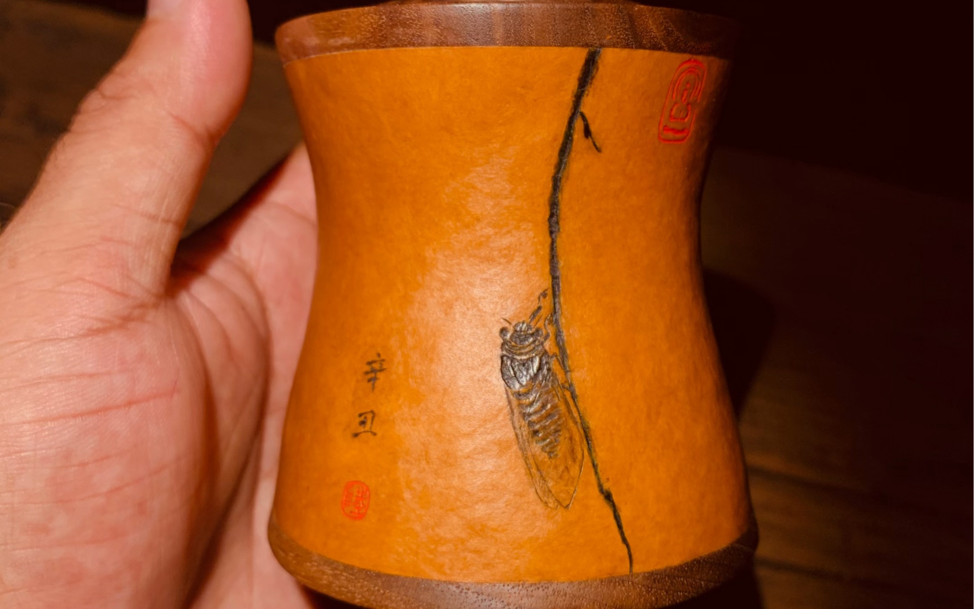 陆海手作作品 ,蝉·禅,葫芦茶叶罐茶入,黄杨盖钮
