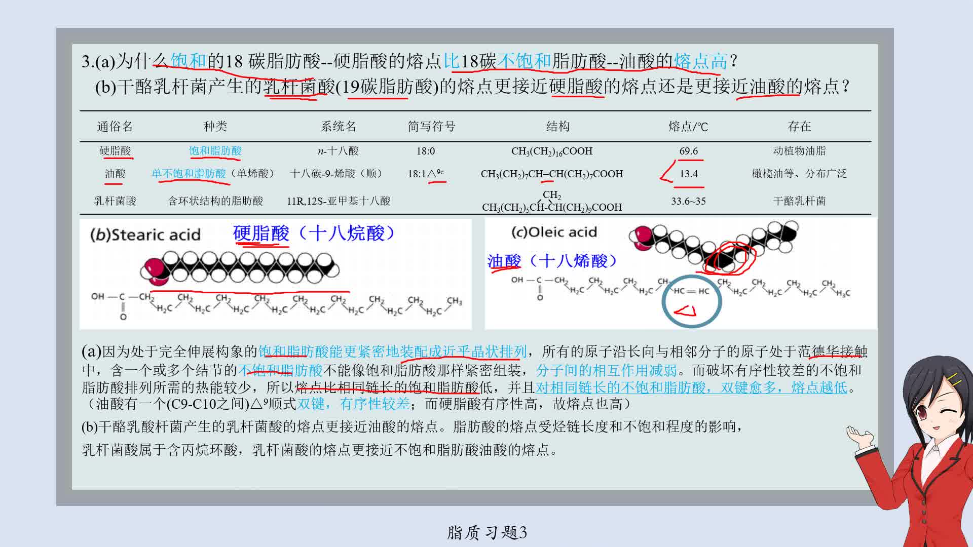 脂质习题3饱和与不饱和脂肪酸熔点比较;乳杆菌酸熔点接近油酸?硬脂酸?哔哩哔哩bilibili