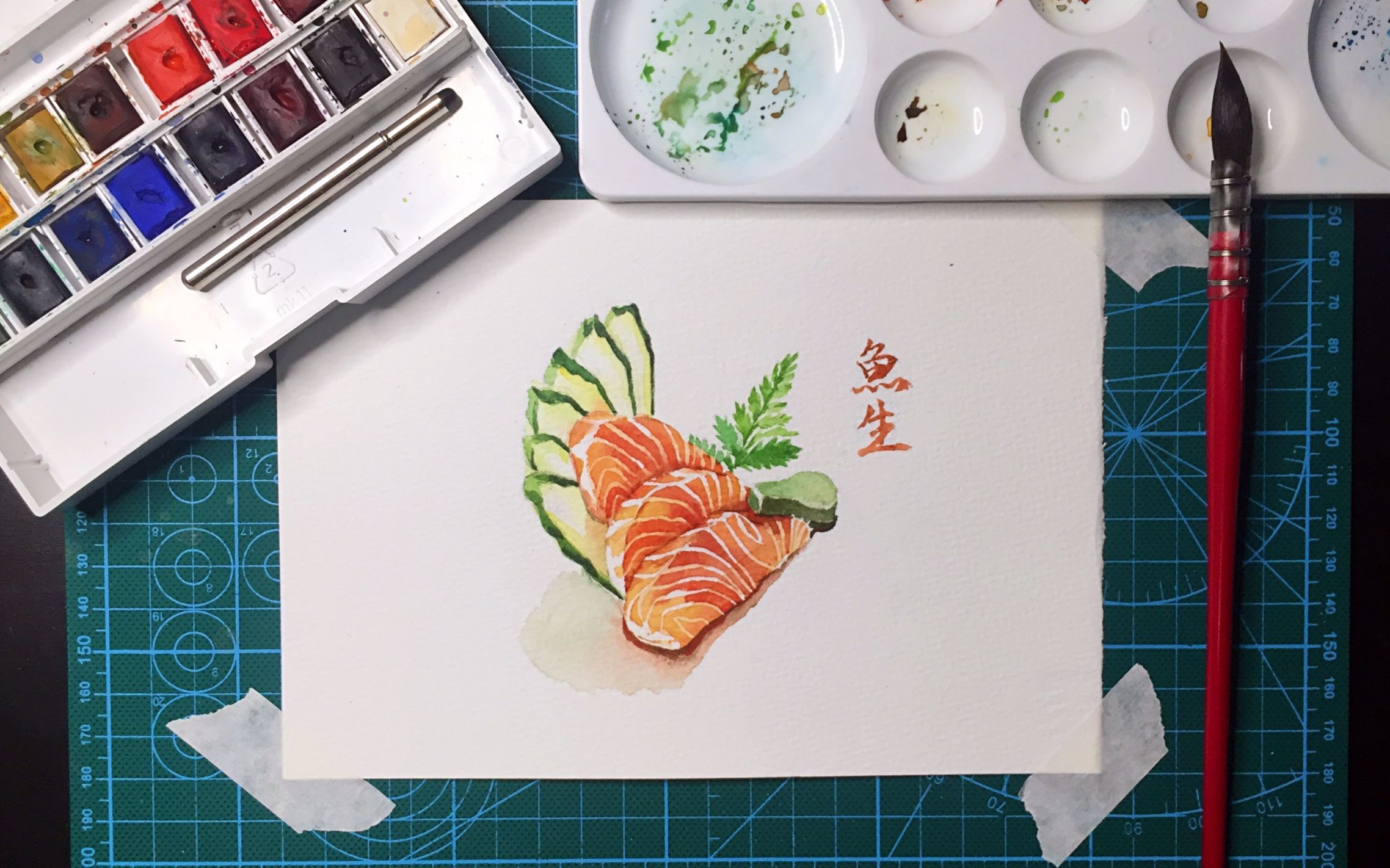 【水彩】三文鱼刺身水彩过程