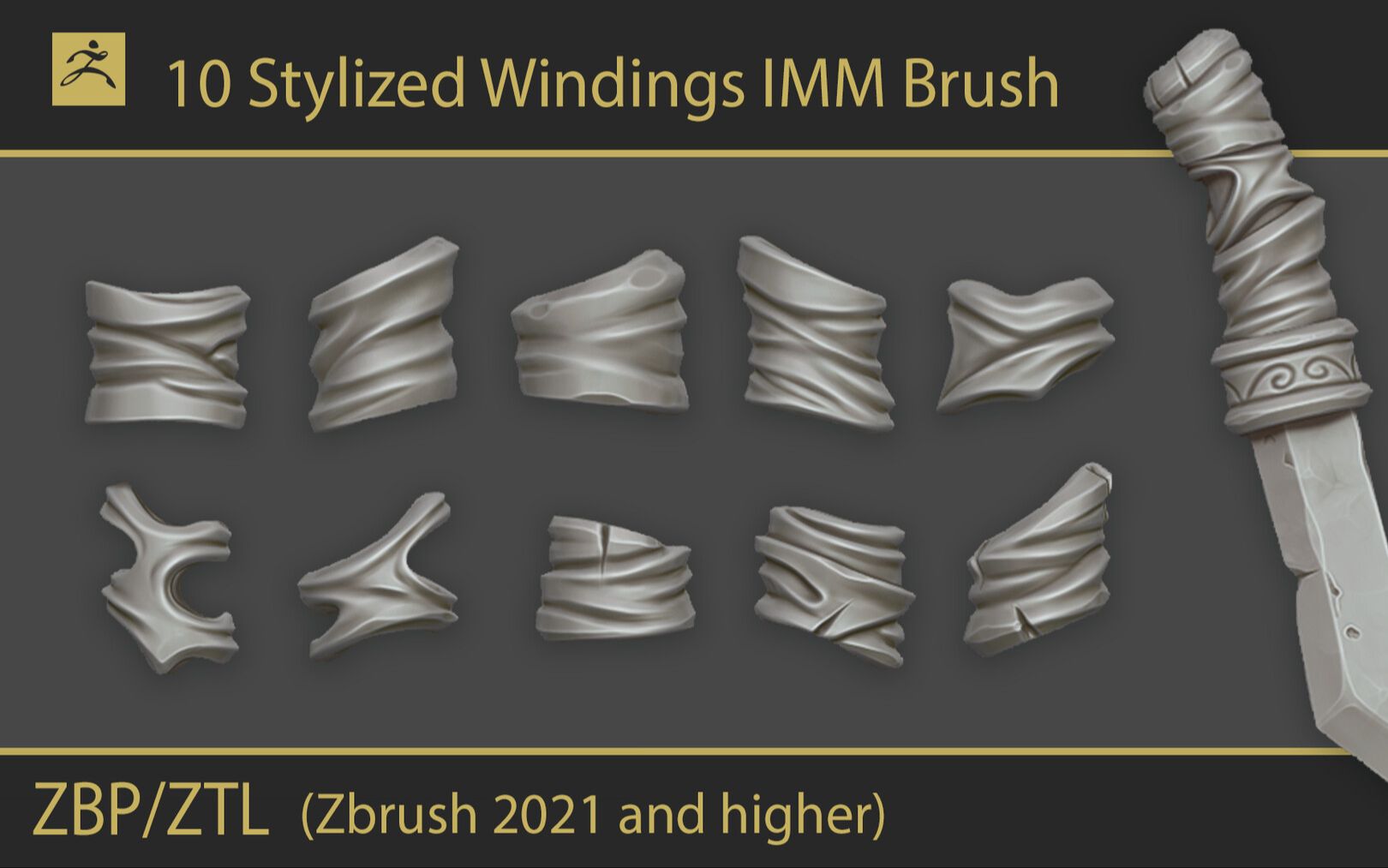 【教程+笔刷素材免费下载】ZBrush风格化裹布缠带绷带刀柄建模zbp画笔ZTL模型哔哩哔哩bilibili