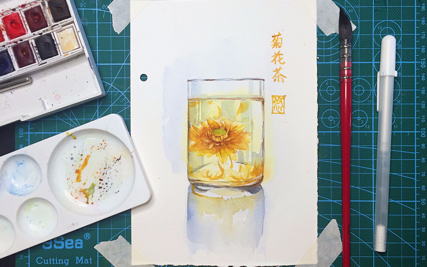 水彩画菊花茶过程画杯茶去去火