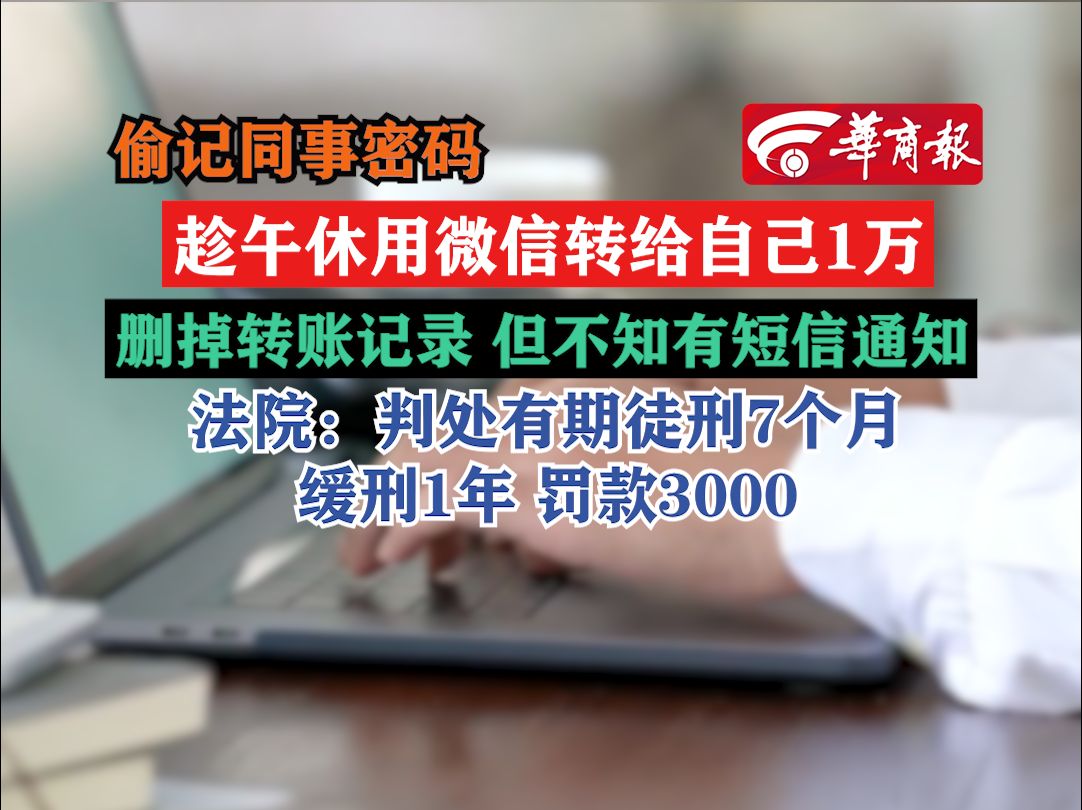 【偷记同事密码 趁午休用微信转给自己1万 删掉转账记录 但不知有短信通知 法院:判处有期徒刑7个月 缓刑1年 罚款3000】哔哩哔哩bilibili