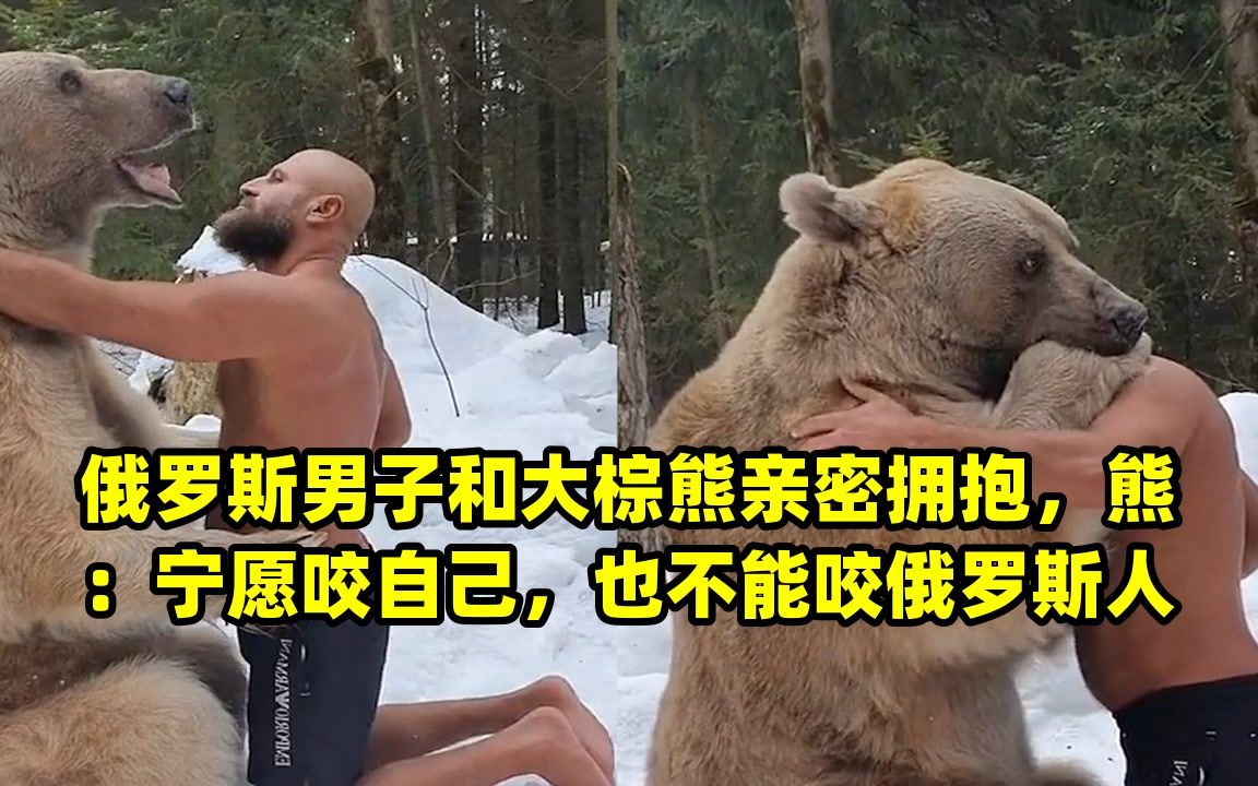俄罗斯男子和大棕熊亲密拥抱,熊:宁愿咬自己,也不能咬俄罗斯人