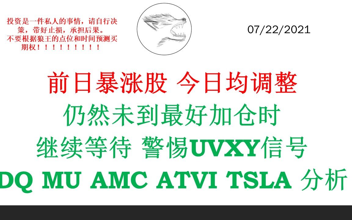 前日暴涨股 今日均调整 仍然未到最好加仓时 继续等待 警惕UVXY信号 DQ MU AMC ATVI TSLA 分析 TSLA AMZN GOOGL FB MS哔哩哔哩bilibili