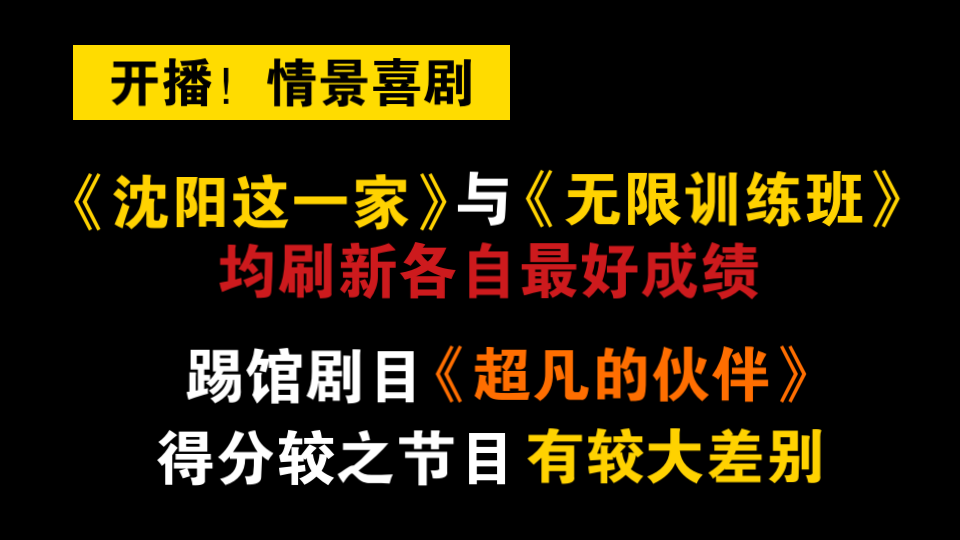 [图]【开播！情景喜剧】剧目评分 第七谈：《沈阳这一家》与《无限训练班》均刷新各自最好成绩，踢馆剧目《超凡的伙伴》得分较之节目有较大差别