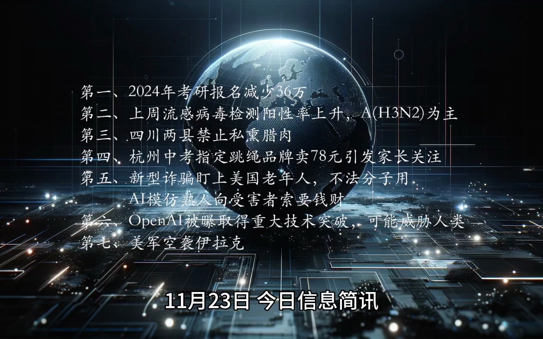 今日信息简讯|信息差:2024年考研报名减少,流感病毒检测阳性率上升,四川禁止私熏腊肉,杭州中考指定跳绳品牌引关注,美国老年人遭AI诈骗,OpenAI...