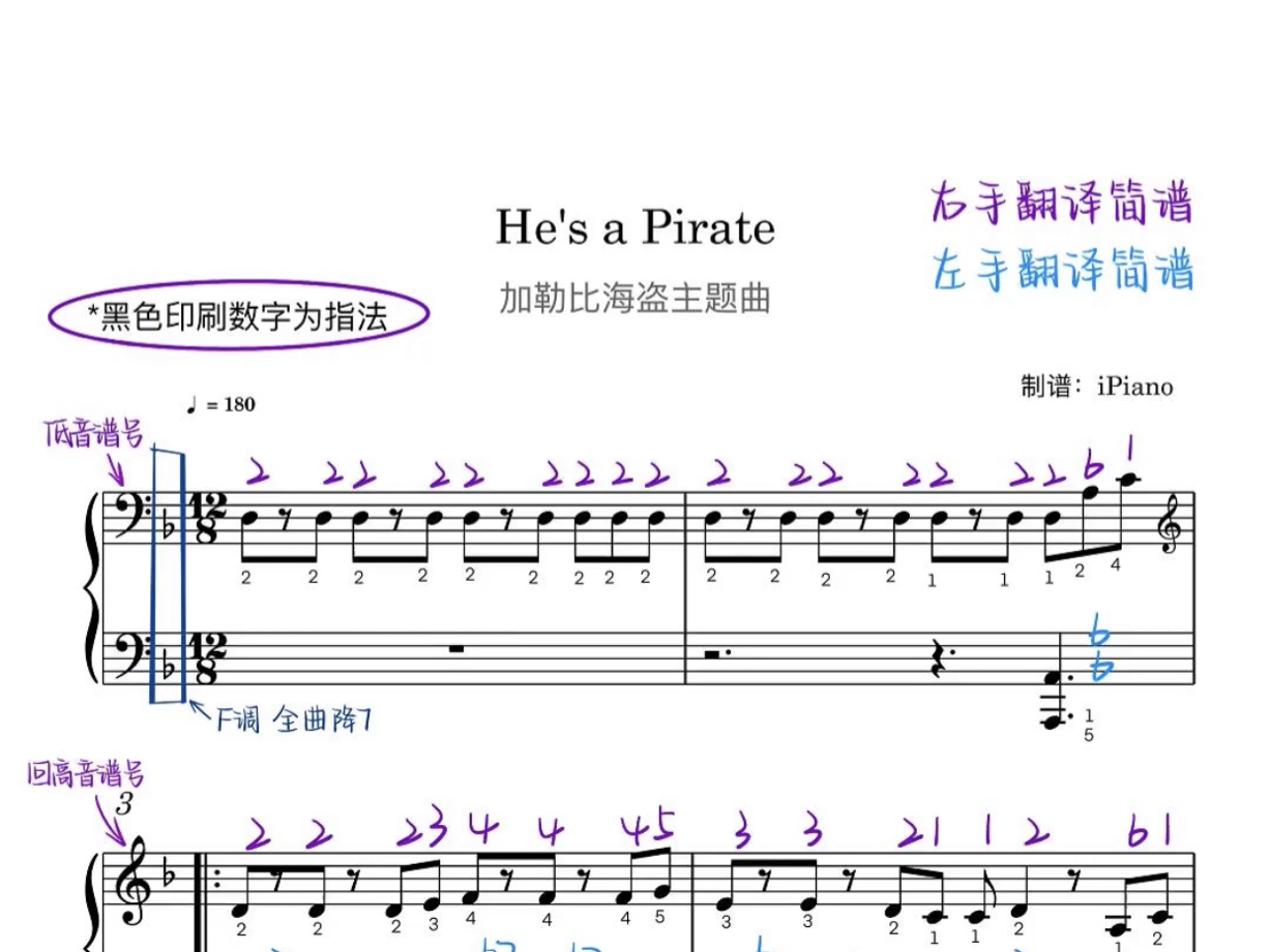 《加勒比海盗》钢琴五线谱+简谱+指法|〈He's a pirate〉哔哩哔哩bilibili