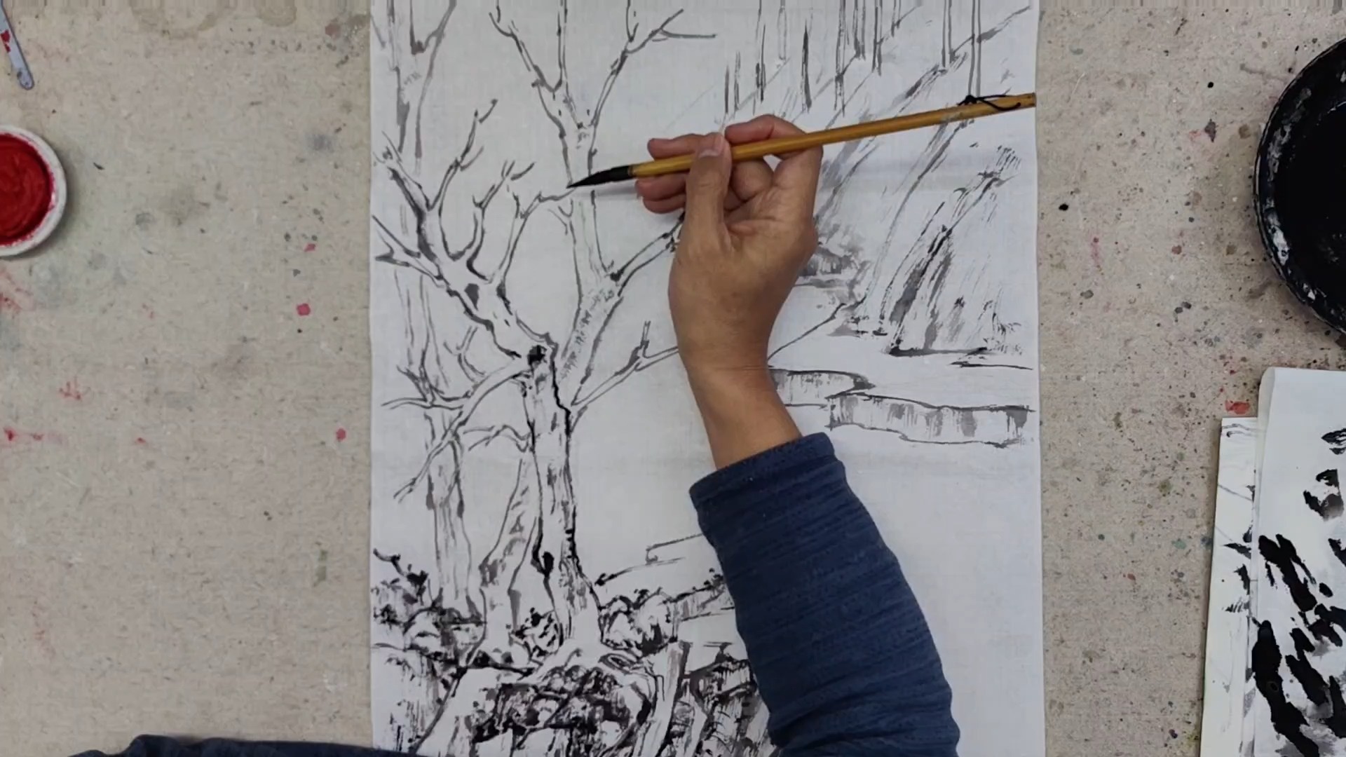 《秋山行旅图》国画墨稿远景树木画法