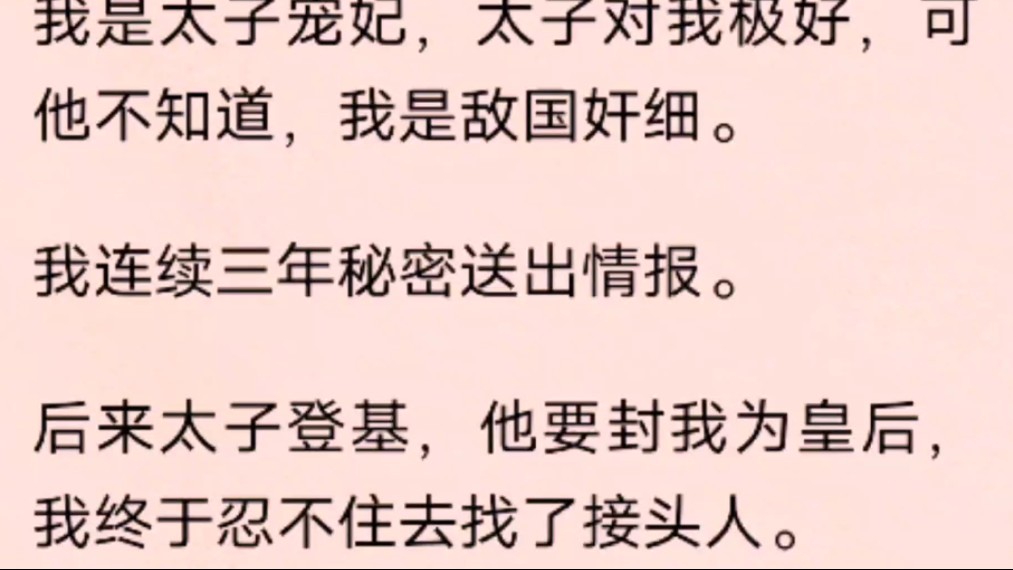 我是太子宠妃,太子对我极好,可他不知道,我是敌国奸细.我连续三年秘密送出情报.后来太子登基,他要封我为皇后,我终于忍不住去找了接头人.哔...