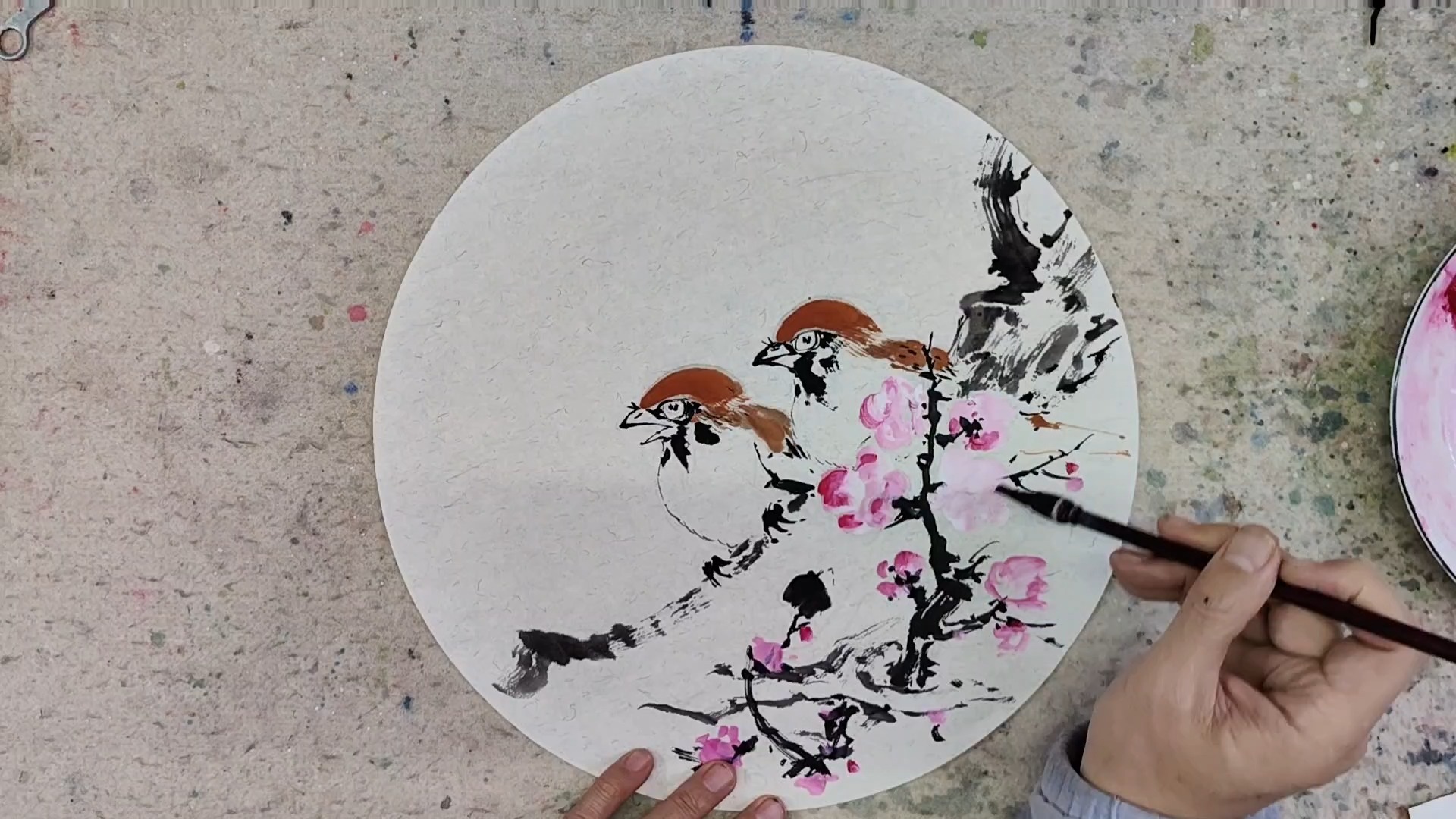 《梅雀图》国画初稿,麻雀与梅花