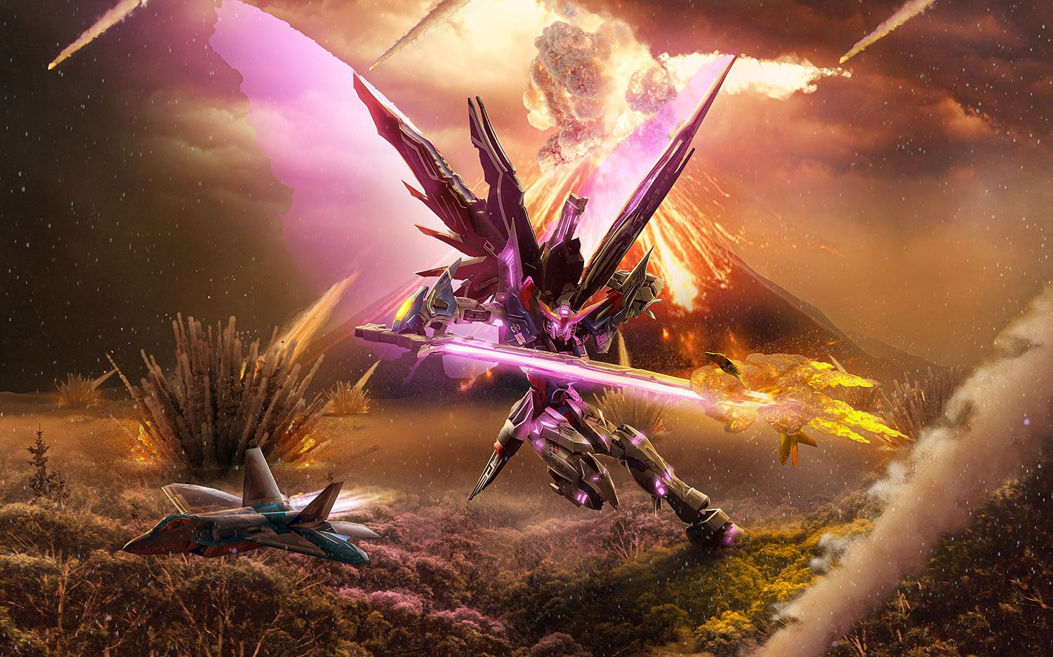 ps合成教程|高达seed火山之下命运高达模型手办击落美军f22全过程