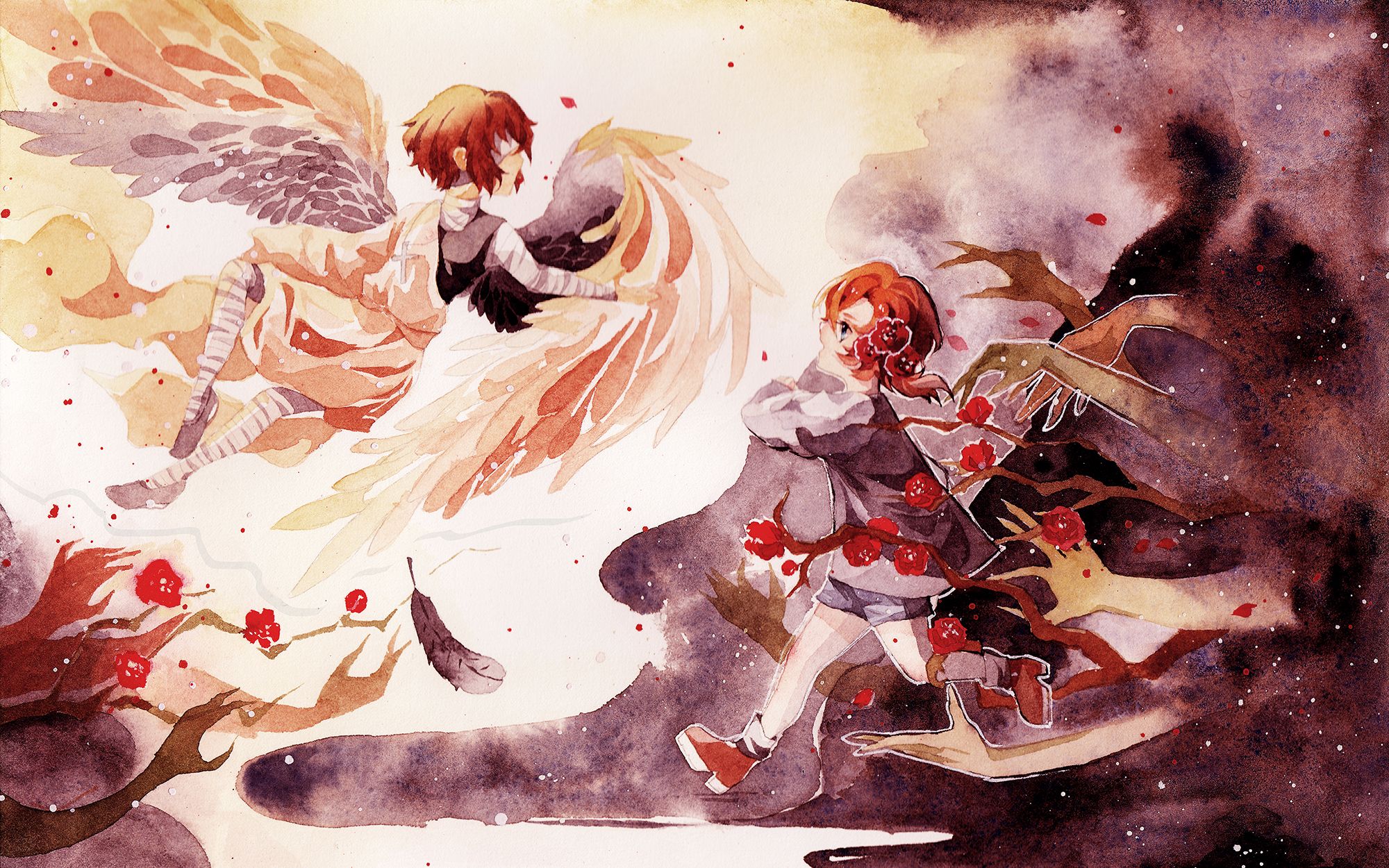 水彩手绘画一画文豪野犬双黑