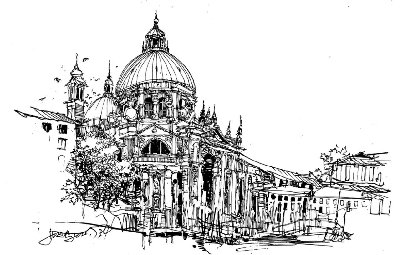 欧式建筑钢笔速写线描,你看到船了吗?它在哪个位置?