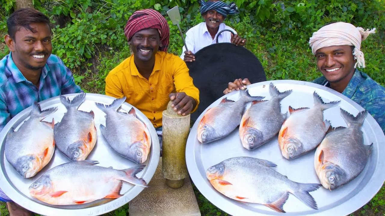 king size fish fry | red pomfret fish fry in village | village