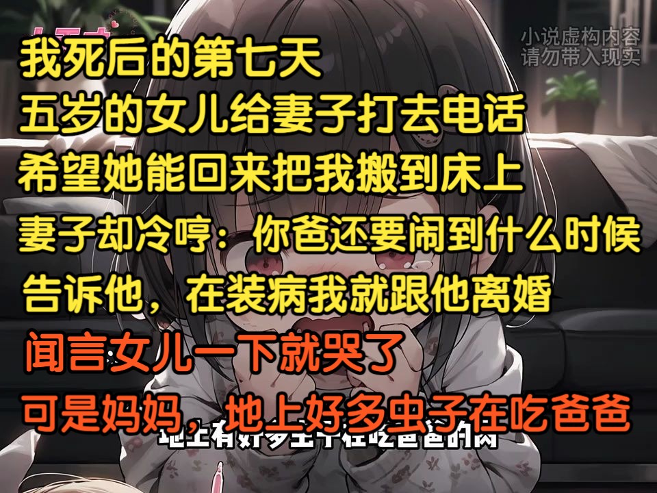 [图]我死后第七天，五岁女儿给妻子打电话，希望她能回来把我搬到床上，妻子却冷哼，告诉你爸，他在装病我就跟他离婚，闻言女儿一下就哭了，可是妈妈，地上好多虫子在吃爸爸