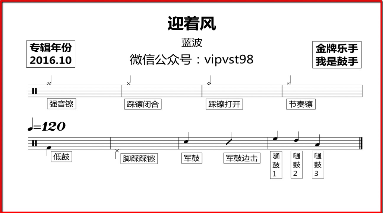 [图]【金牌乐手】蓝波 - 迎着风 动态鼓谱（效果处理 前-后）