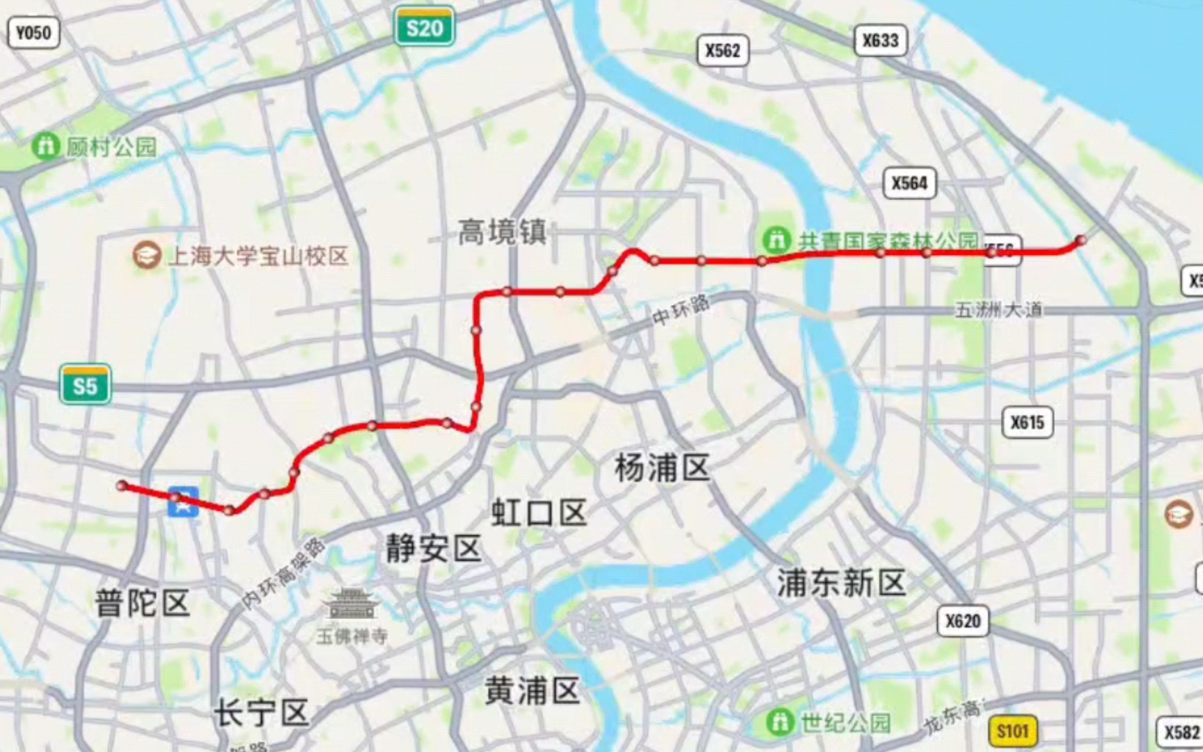 【上海地铁】20号线行驶路线(金昌路→共青森林公园→新园路)