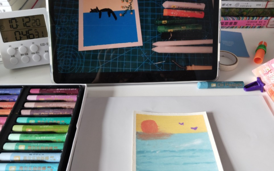 油画棒|46分钟的油画棒过程记录:我的第一幅油画《日出》!