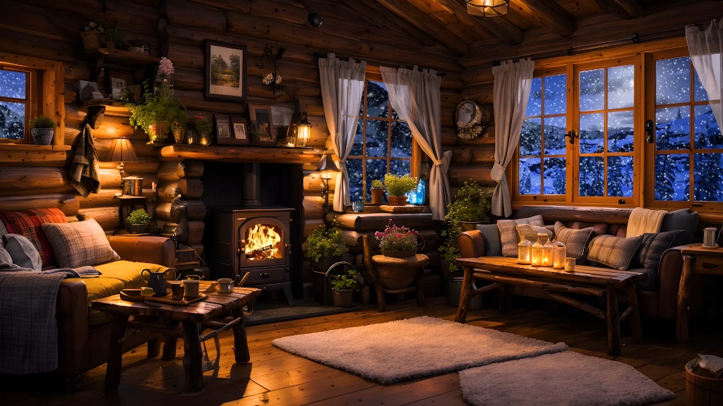 暖冬舒适的木屋氛围放松的雪花和噼啪作响的壁炉燃烧声助您深度入睡