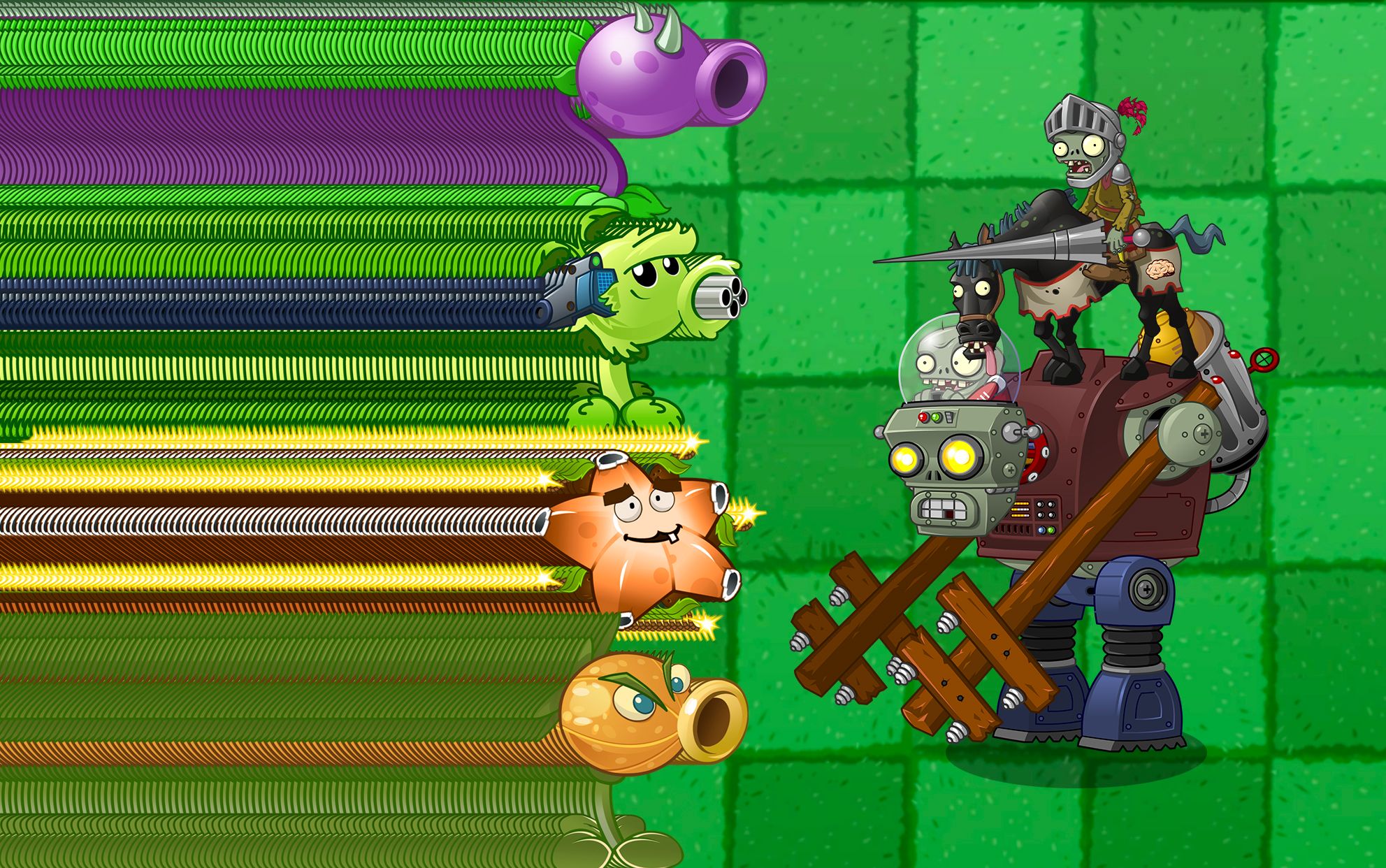 pvz斗蛐蛐:各种强力植物 vs 30个骑兵僵尸 2个未来巨人!植物大战僵尸