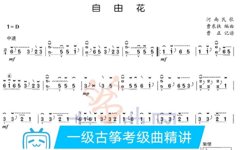 【古筝】一级考级曲(自由花)何莹老师讲解,含曲谱!哔哩哔哩bilibili