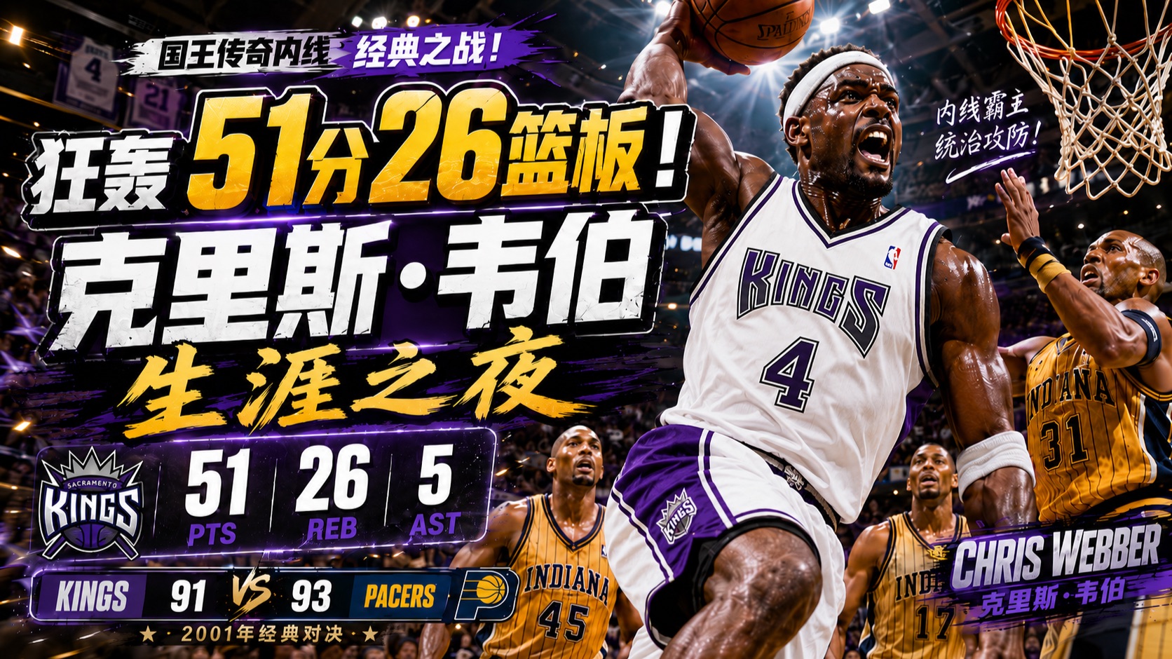 国王经典放映厅：克里斯-韦伯生涯之夜！51分26篮板打爆步行者内线