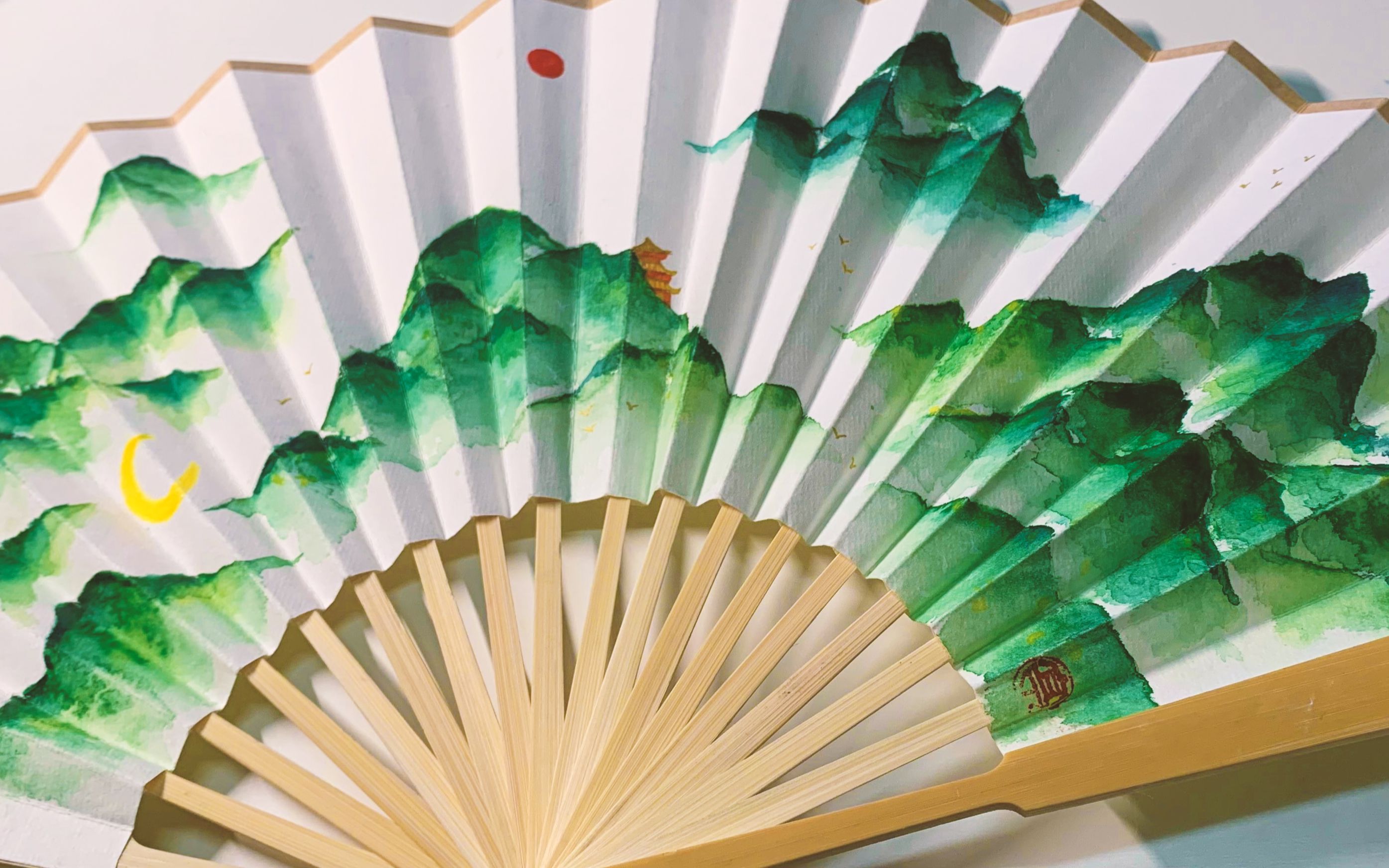 颜彩 | 水彩 | 青山折扇扇面 工具&简易教程过程